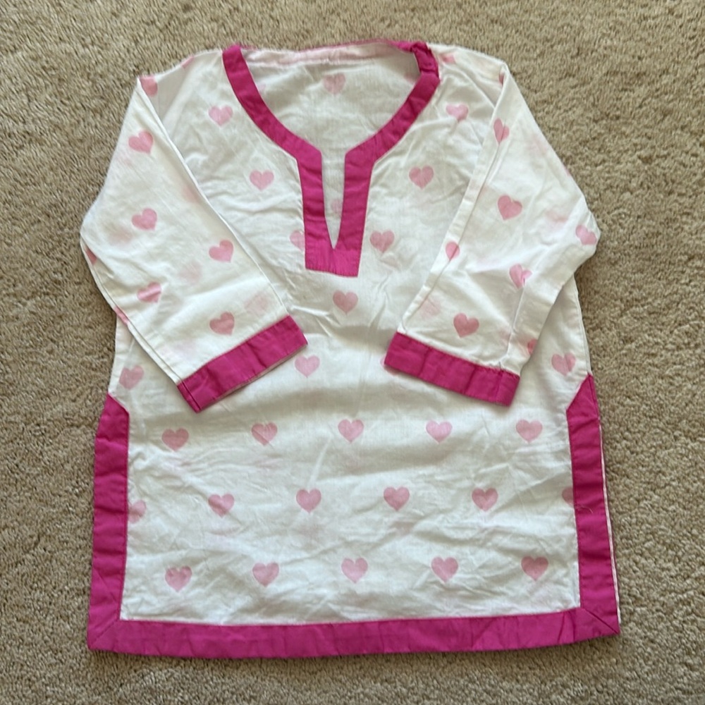 Pottery Barn Kids swim cover up white with pink hearts size 6-12 months